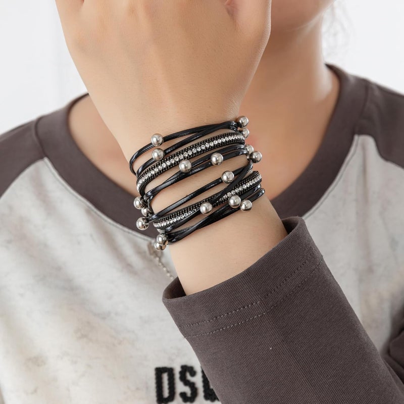 Rantanto Braid Leather Wrap Bracelet Trendy Stackable Crystal Cuff Boho Gold Heart Bracelet Jewelry Gift For Women - Image 4